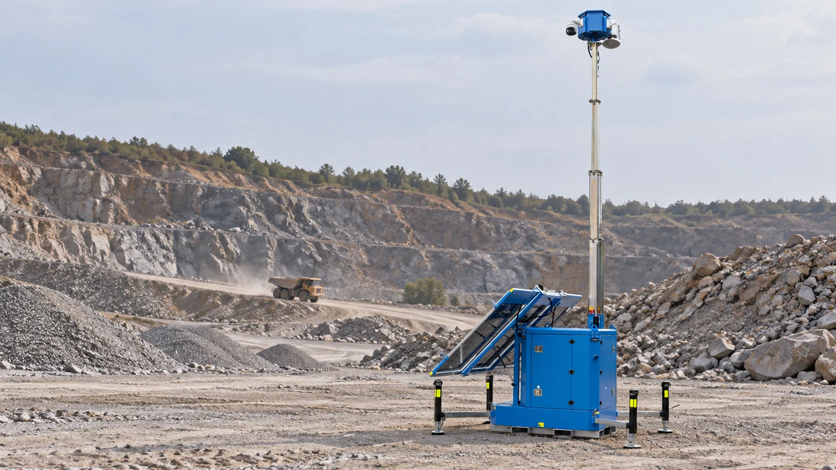 Skid-M solar surveillance unit with its mast raised in a quarry setting